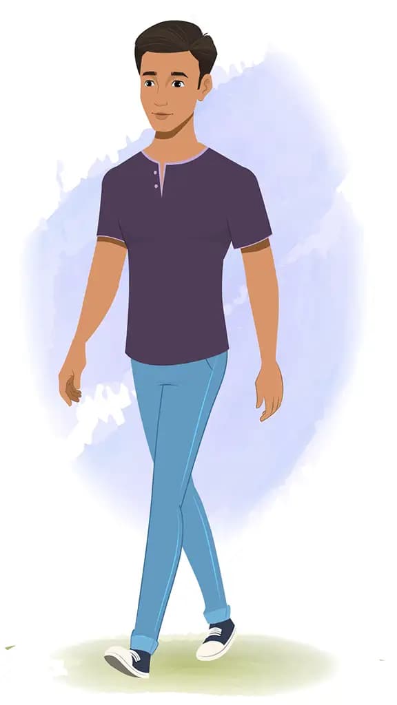 A man 3/4 front view/three quarter view walking animated cartoon character aka Aryan 3/4