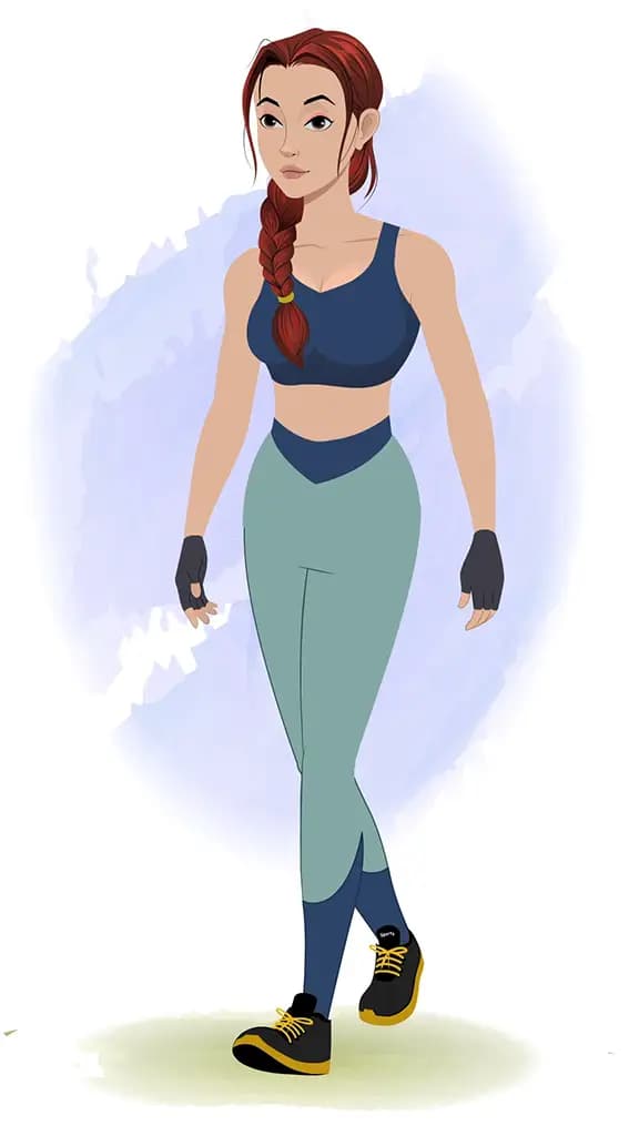 A workout female 3/4 front view/three quarter view walking animated cartoon character aka olivia 3/4