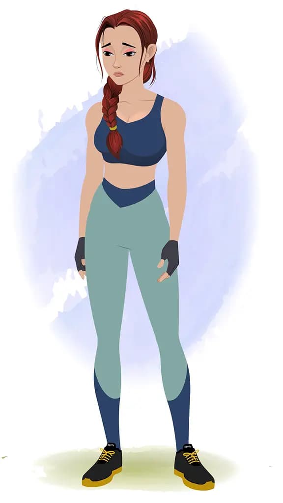 A workout female sad animated cartoon character aka olivia 3/4