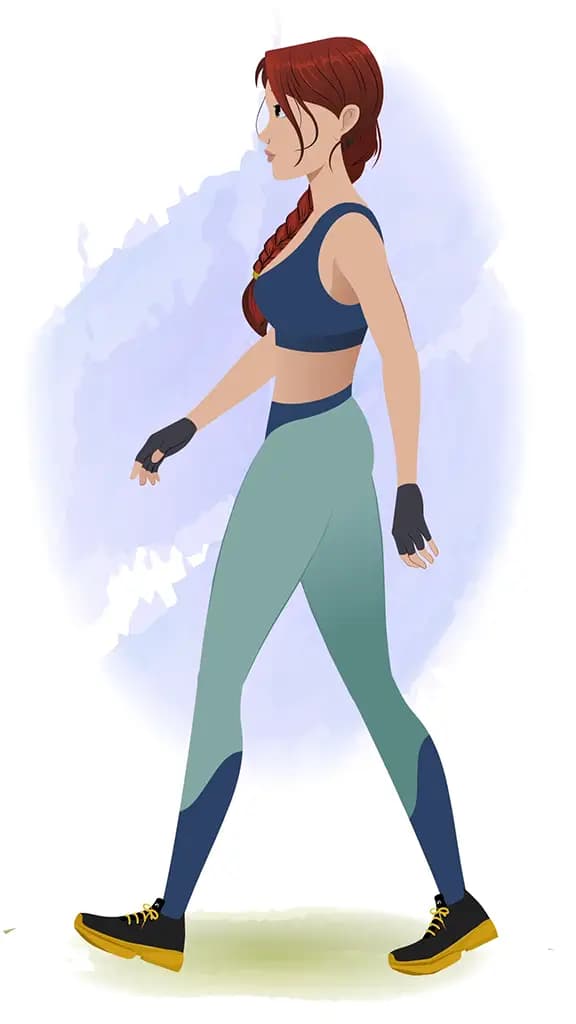 A workout female walking side view animated cartoon character aka olivia