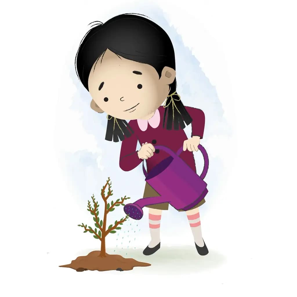 A school girl watering in plants animated cartoon character aka chiku