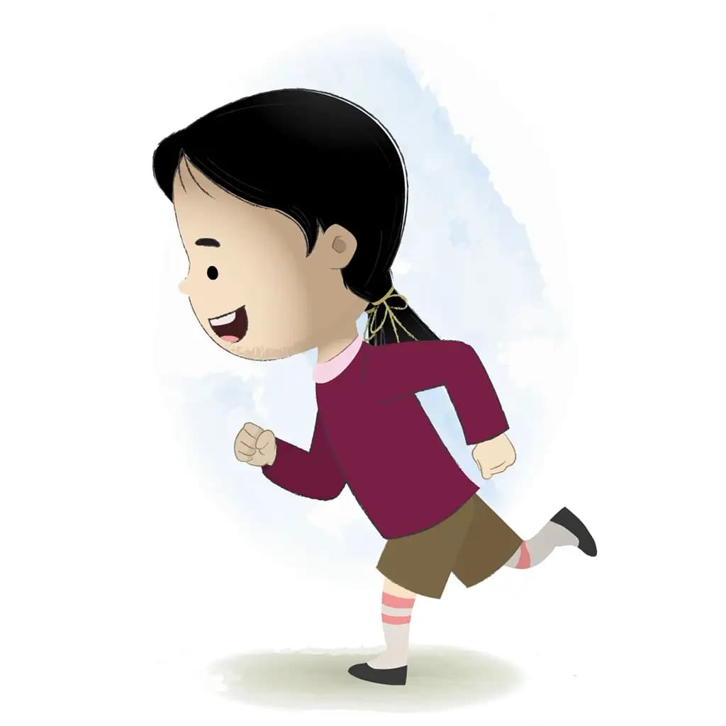 A school girl running fast side view animated cartoon character aka chiku