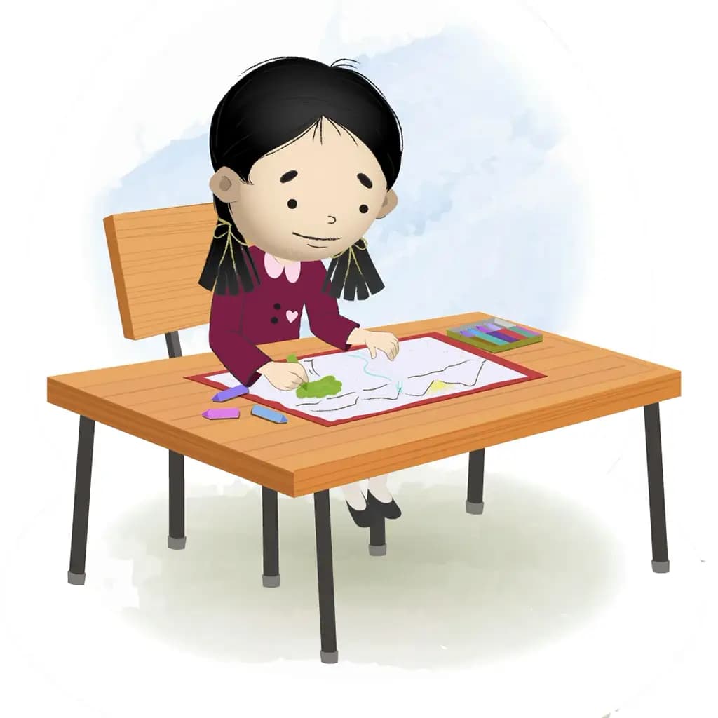 A school girl is sitting at a table with some crayons and coloring on the paper aka chiku