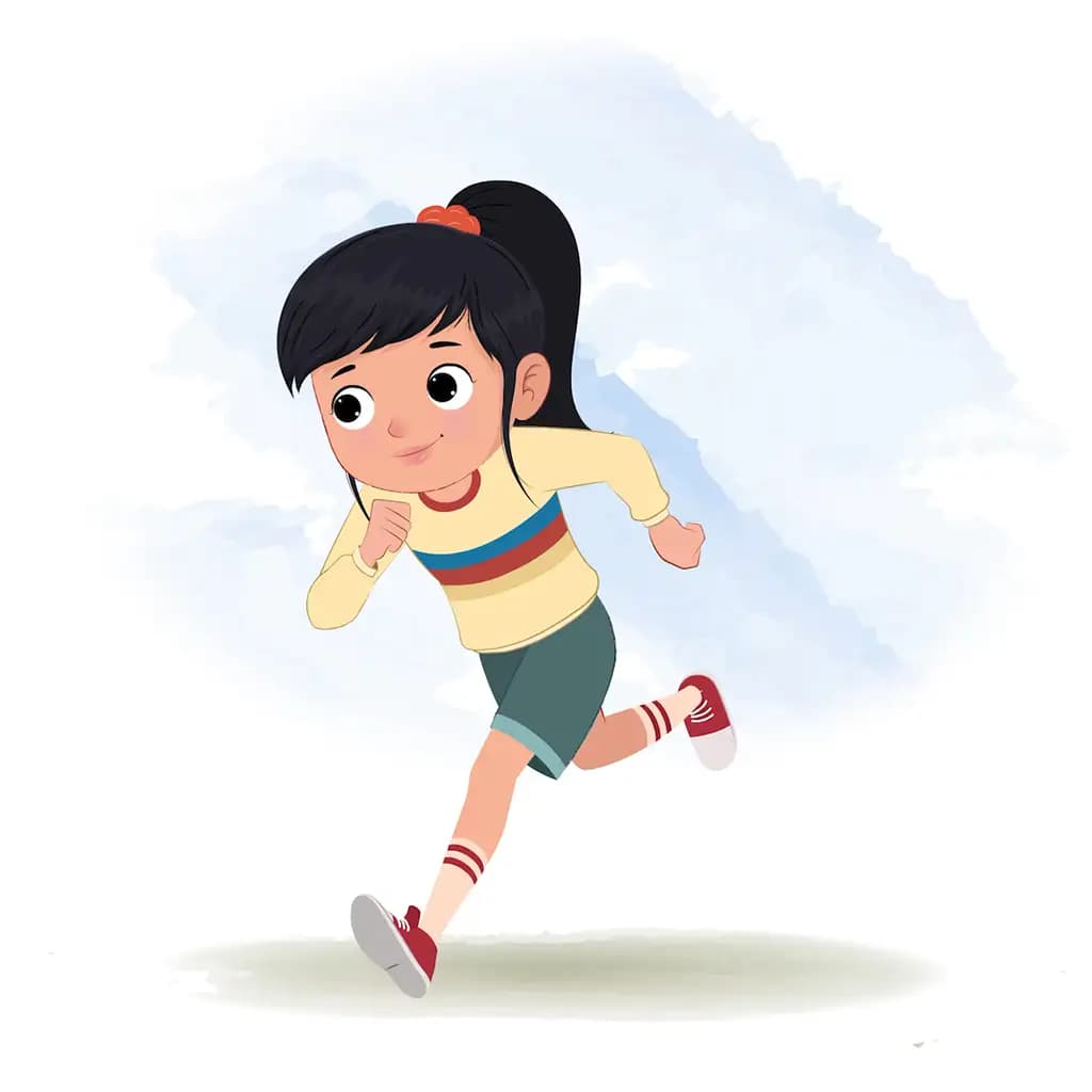 A cute little girl running three quarter view animated cartoon character. A girl in three quater view running cartoon aka navya