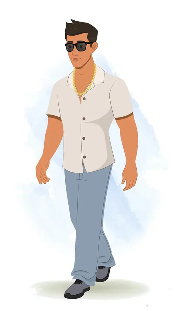 A handsome man 3/4 front view/three quarter view walking animated cartoon character AKA Lovsh