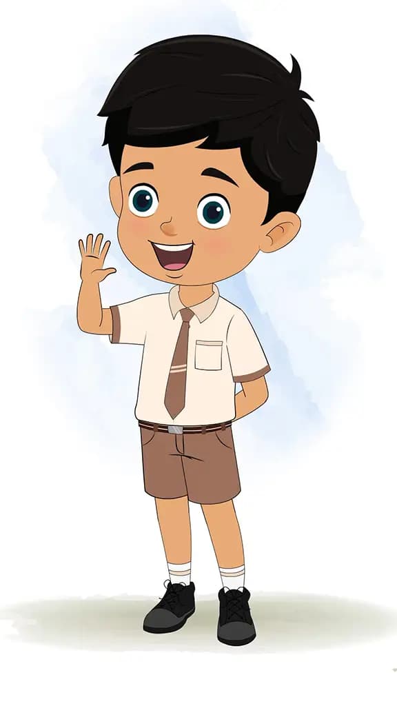 An Indian school boy saying hello animated cartoon character aka rohan
