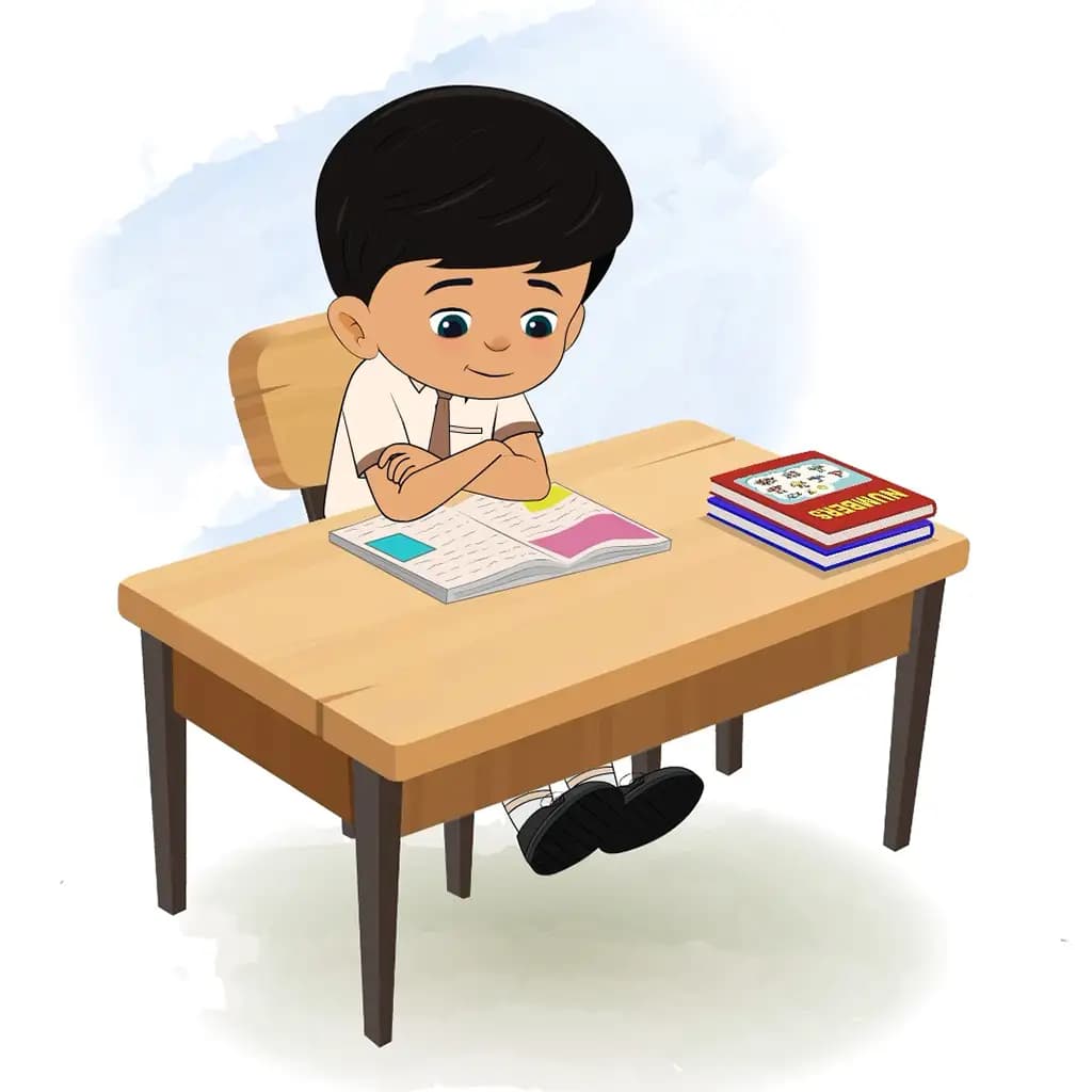 An Indian school boy reading a book and sitting on the table animated cartoon character aka rohan