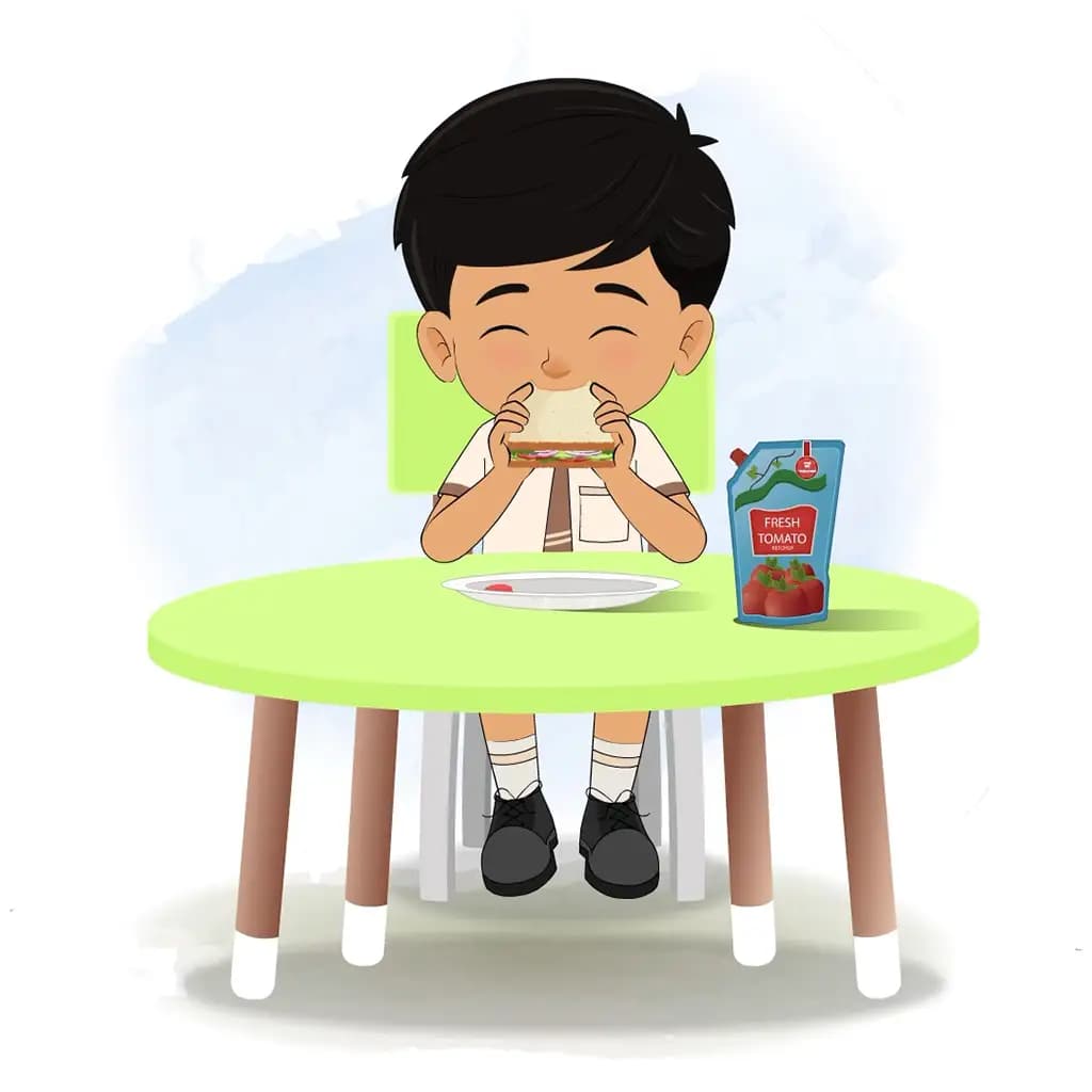 An Indian school boy animated cartoon character sitting at a table and eating a sandwich aka rohan