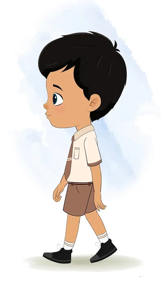 An Indian school boy walking side view animated cartoon character aka rohan