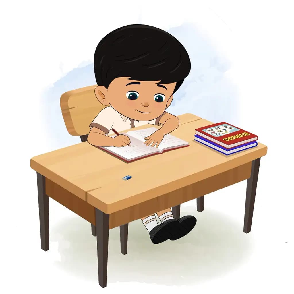 An Indian school boy doing homework and sitting on the table animated cartoon character aka rohan