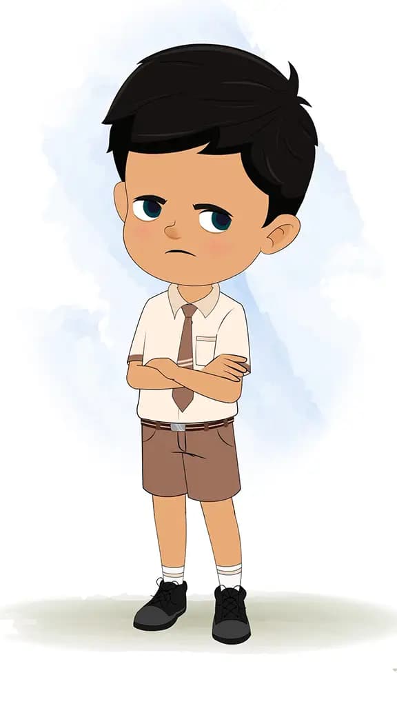 An Indian annoyed school boy animated cartoon character aka rohan 3/4