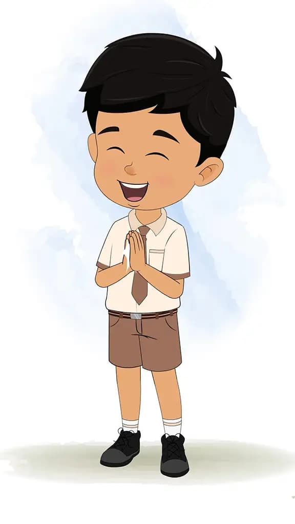 An Indian school boy clapping animated cartoon character aka rohan