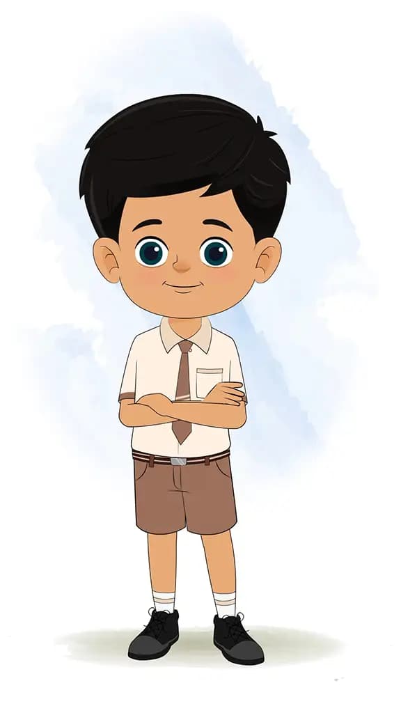 An Indian school boy standing with cross hand and talking animated cartoon character aka rohan