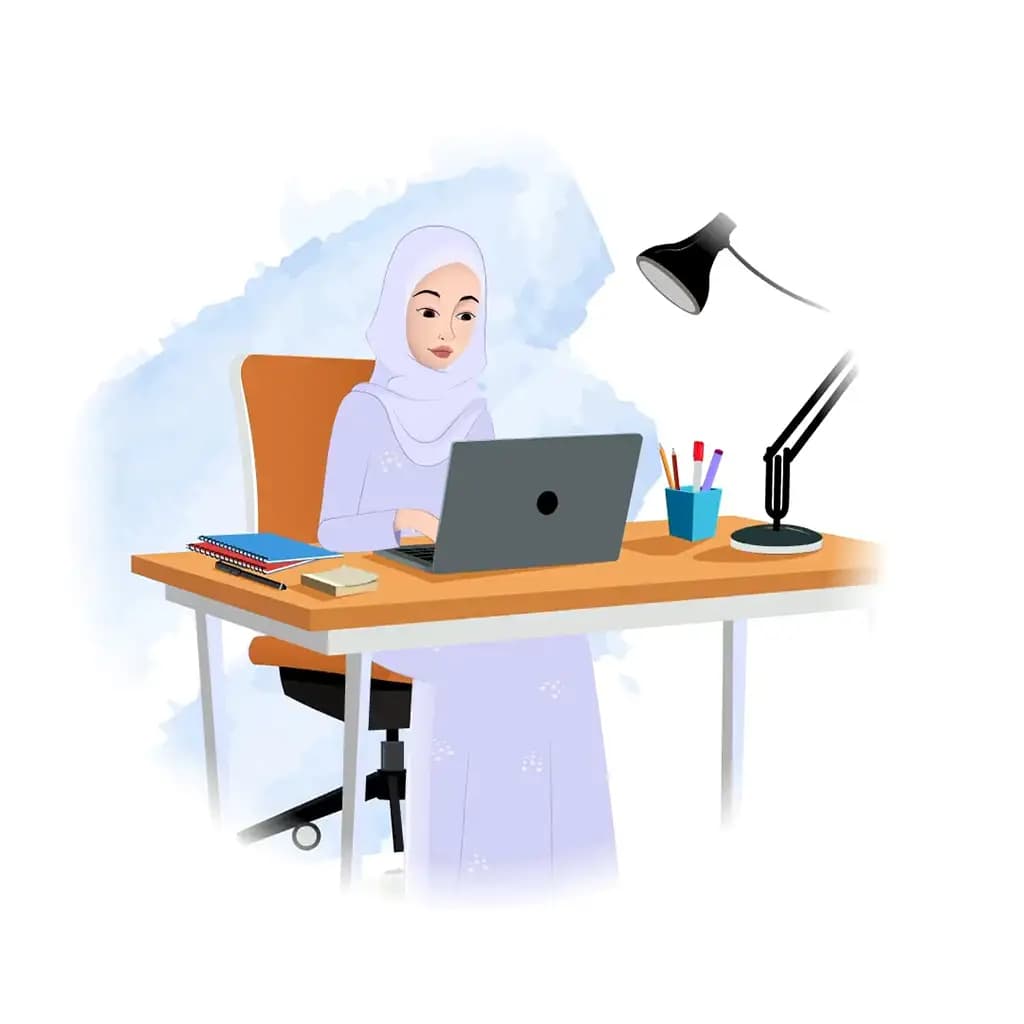 A muslim/arabic woman animated cartoon character working on a computer aka joya