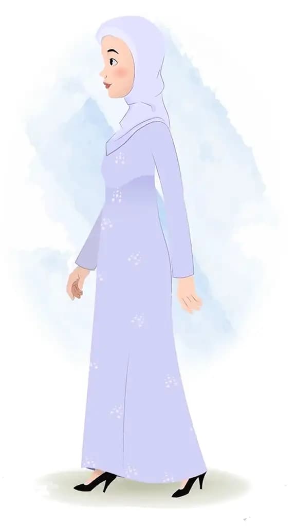 A muslim/arabic woman walking side view animated cartoon character aka joya