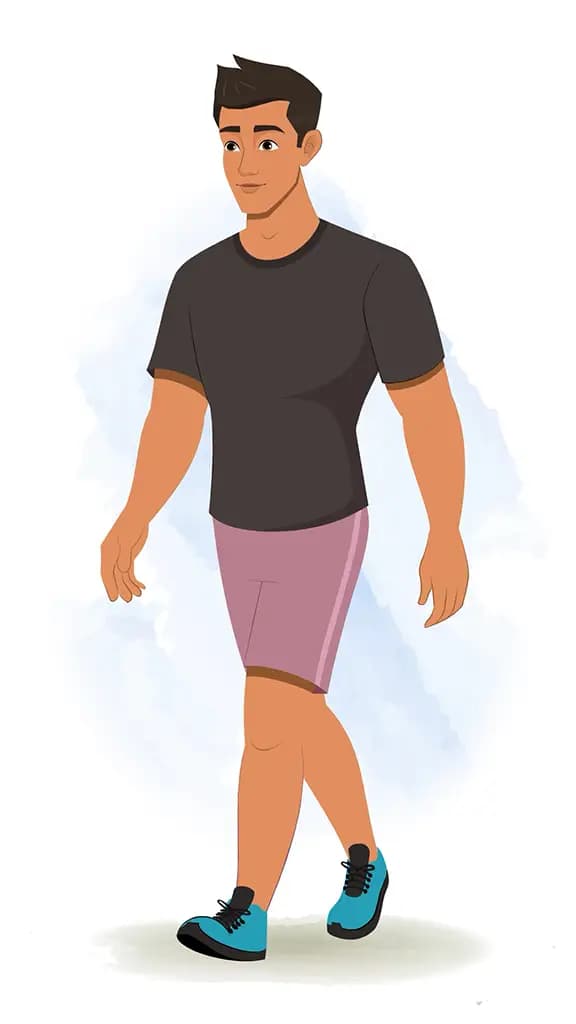 A workout man 3/4 front view/three quarter view walking animated cartoon character aka Lovsh 3/4