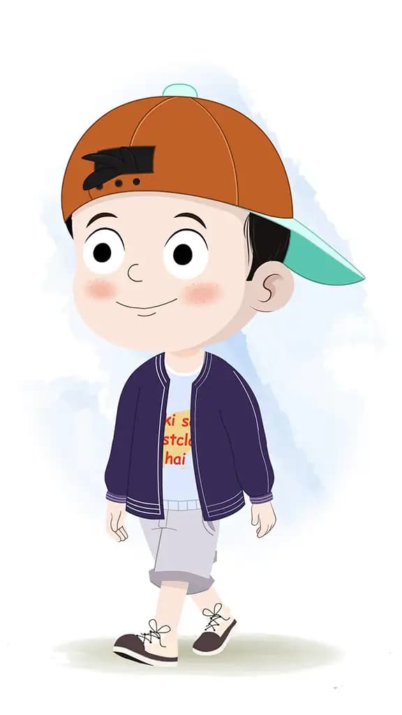A cool boy 3/4 front view/three quarter view walking animated cartoon character aka sam 3/4