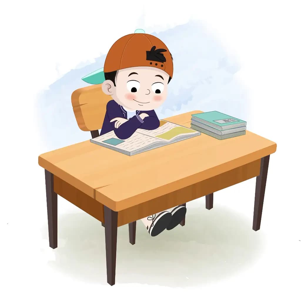 A cool boy reading a book and sitting on the table animated cartoon character aka sam