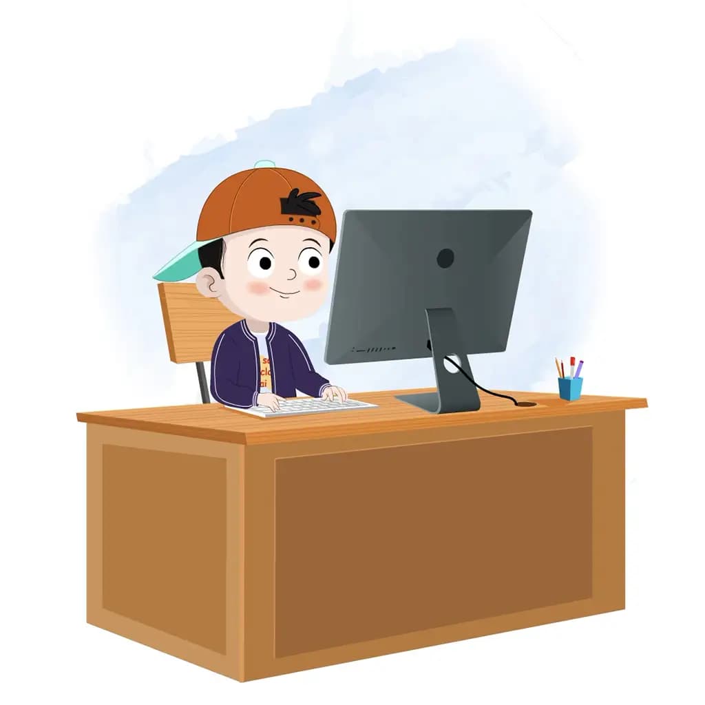 A cool boy animated cartoon character working on a computer aka sam