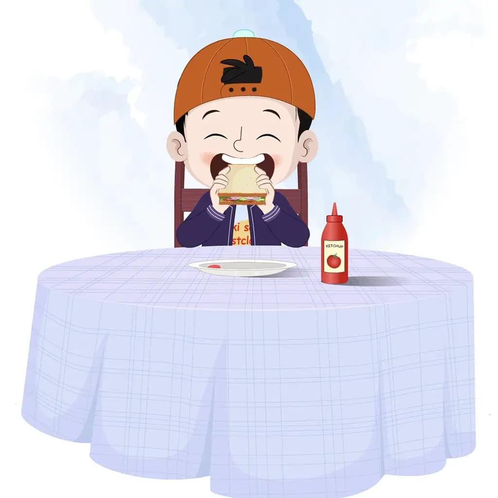 A cool boy animated cartoon character sitting at a table and eating a sandwich aka sam