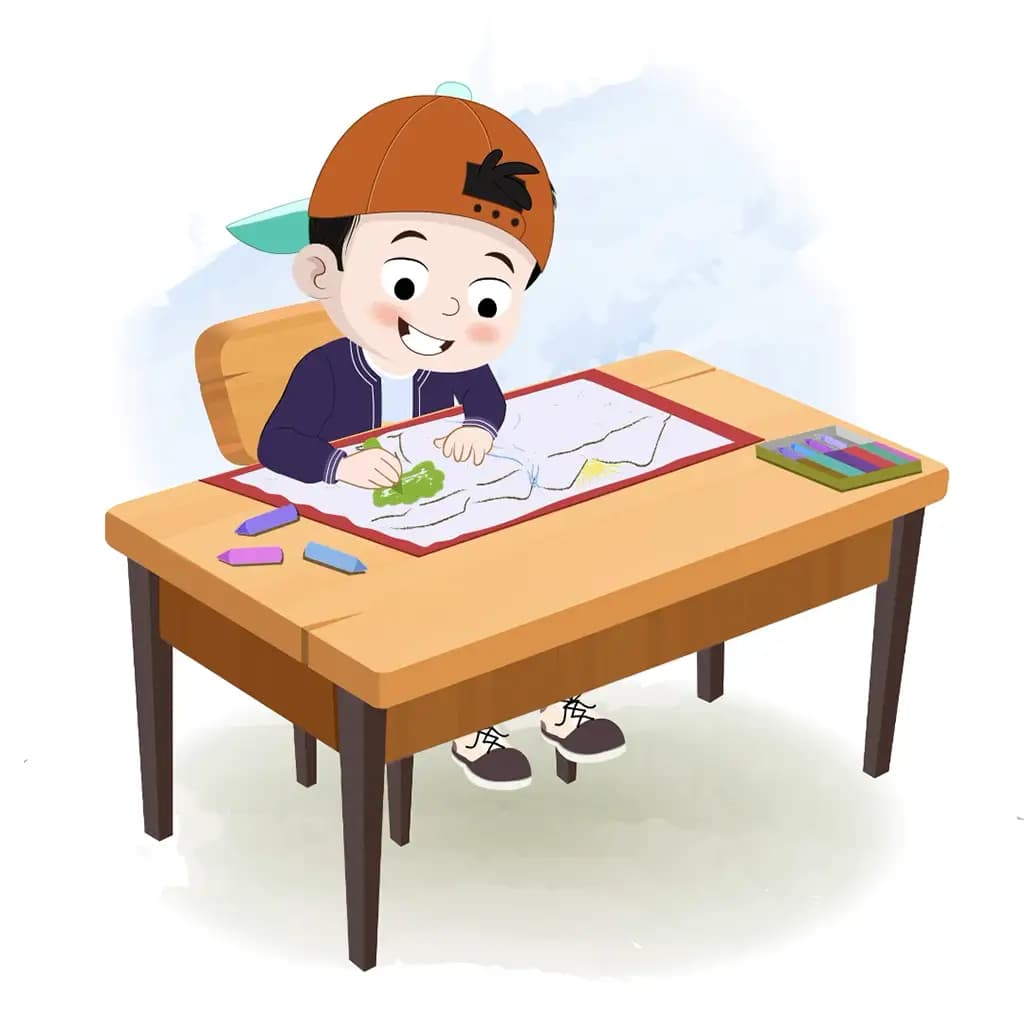 A cool boy is sitting at a table with some crayons and colouring on the paper aka sam