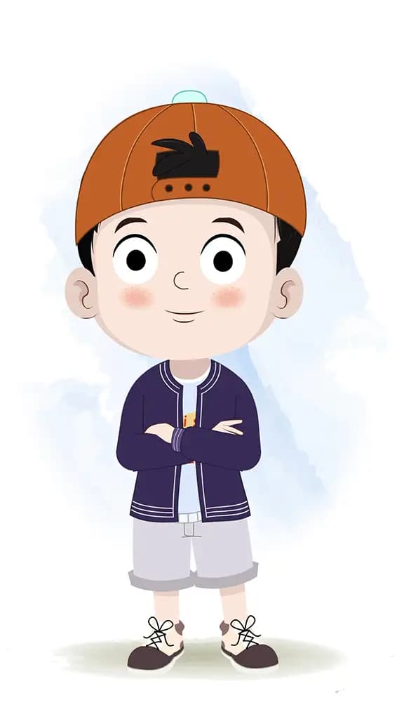 A cool boy standing with cross hand and talking animated cartoon character aka sam