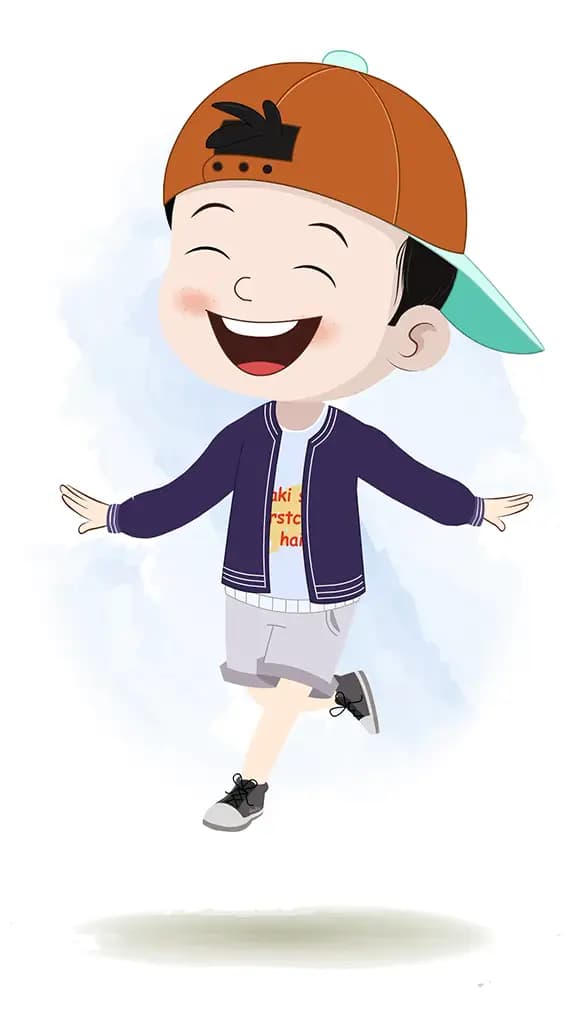 A cute boy animated cartoon character walking joyfully aka sam