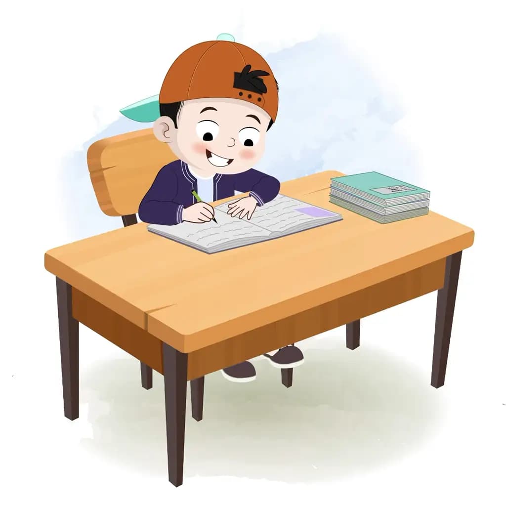 A cool boy doing homework and sitting on the table animated cartoon character aka sam