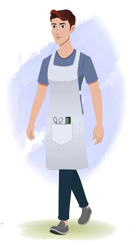 A barber 3/4 front view/three quarter view walking animated cartoon character aka Kai 3/4