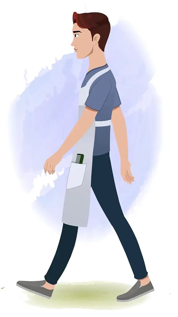 A barber walking side view animated cartoon character aka Kai