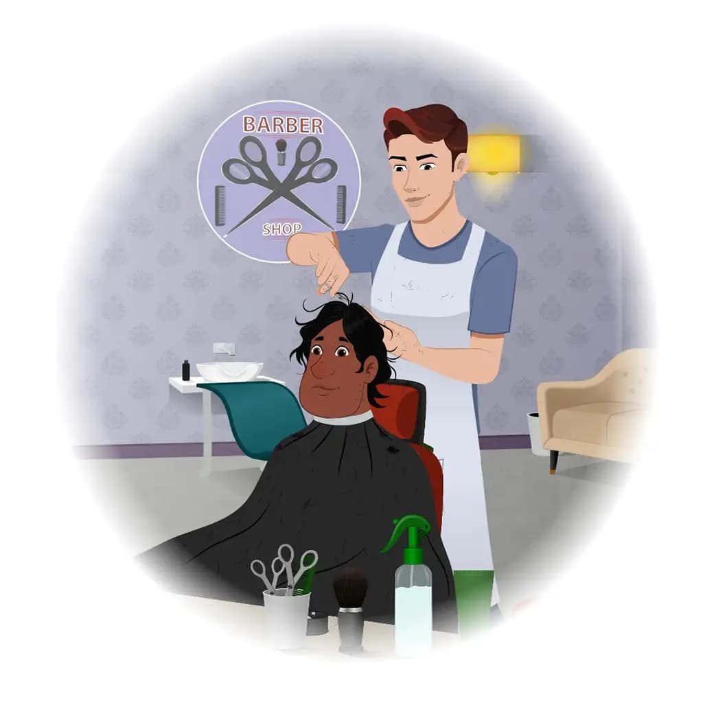 A barber cutting hair of young asian man in barbershop animated cartoon character aka kai