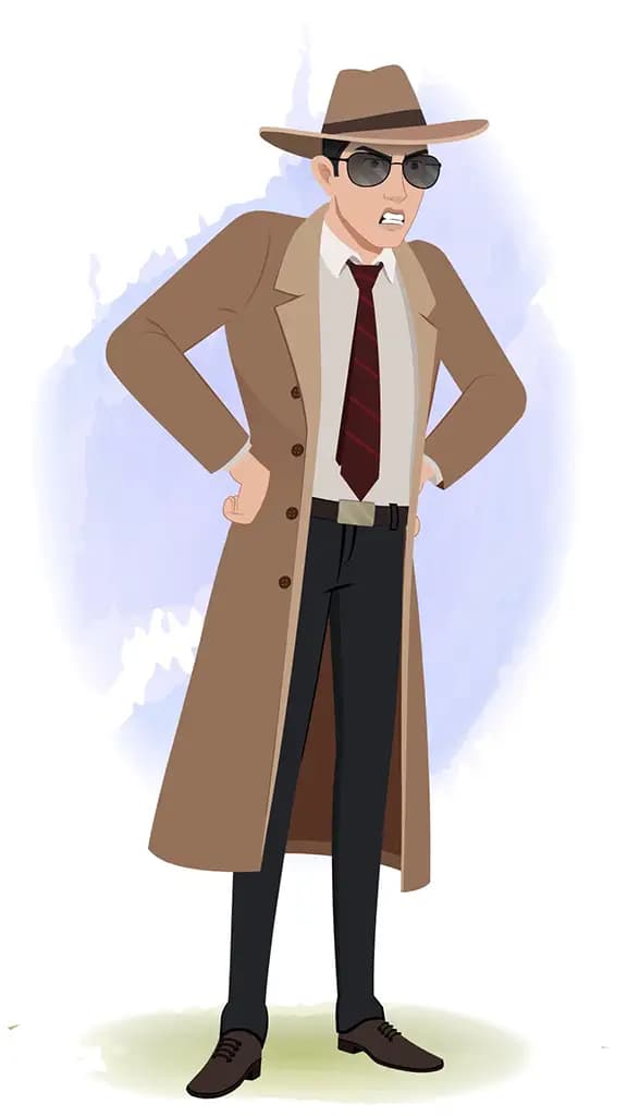 An angry detective man animated cartoon character aka mr. bakshi 3/4