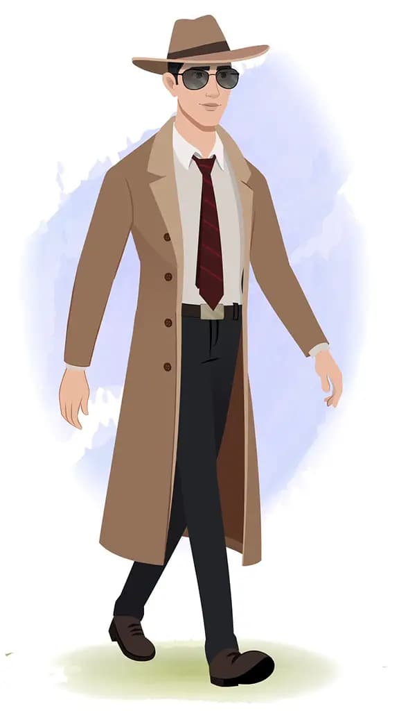 A detective man 3/4 front view/three quarter view walking animated cartoon character aka mr bakshi 3/4