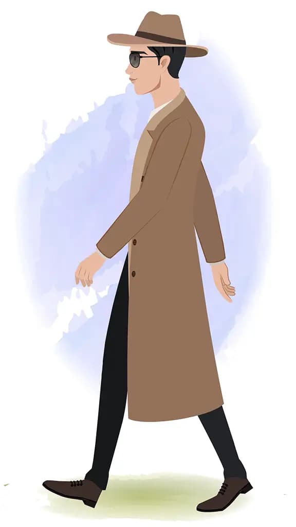 A detective man walking side view animated cartoon character aka mr Bakshi