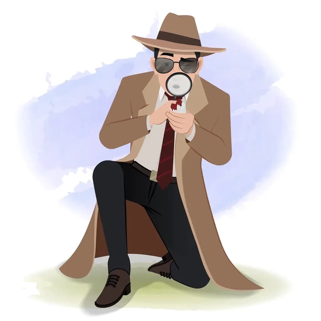 A male detective with magnifying glass analyzing clues animated cartoon character aka mr. bakshi