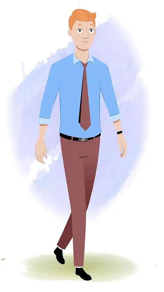 An office employee 3/4 front view/three quarter view walking animated cartoon character AKA Kevin
