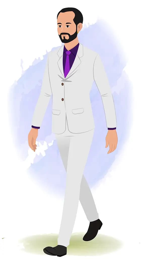 A businessman 3/4 front view/three quarter view walking animated cartoon character aka Jonathan 3/4