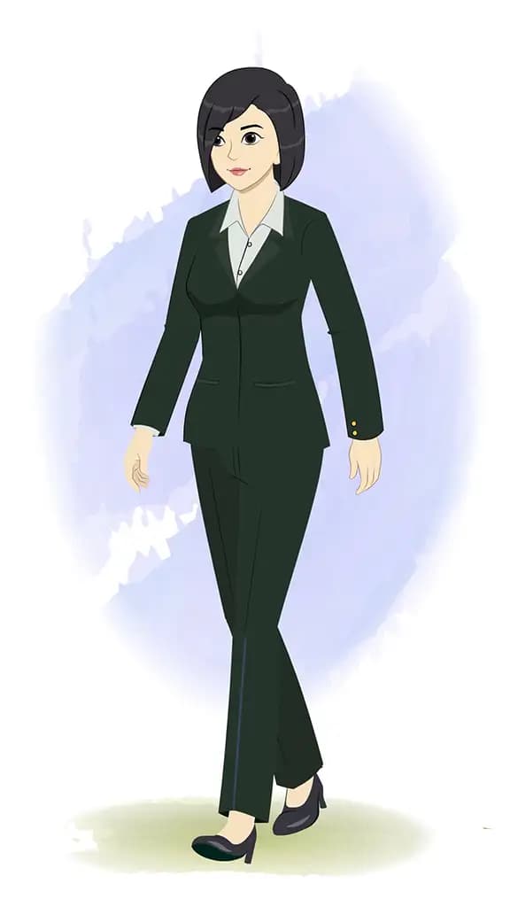 A business woman 3/4 front view/three quarter view walking animated cartoon character aka ariya 3/4