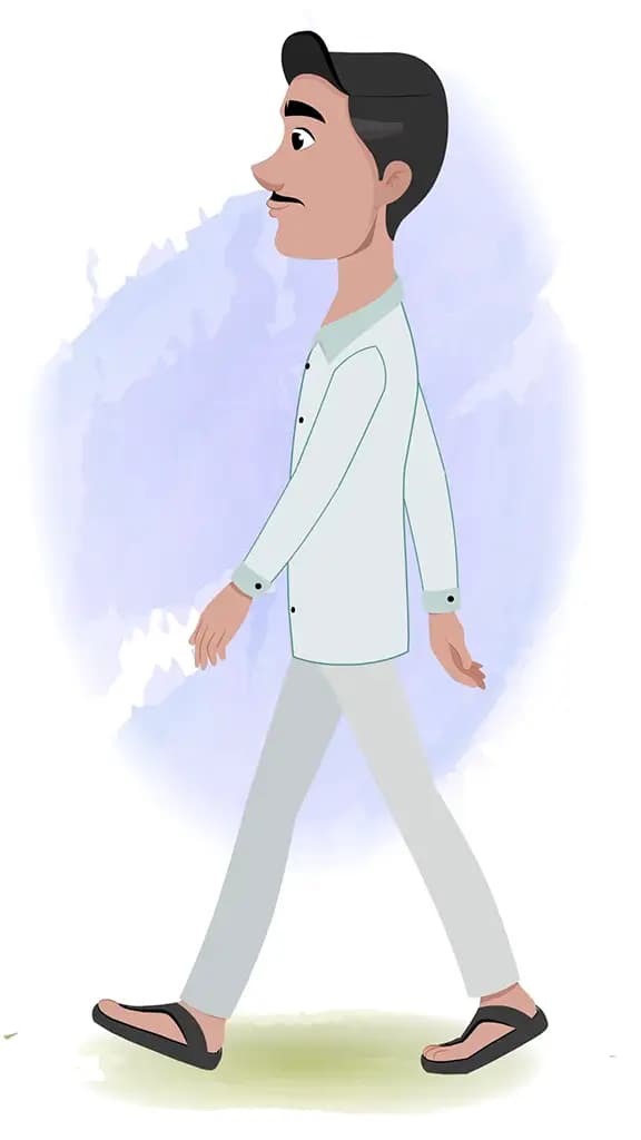 An Indian man walking side view animated cartoon character aka ram chandra