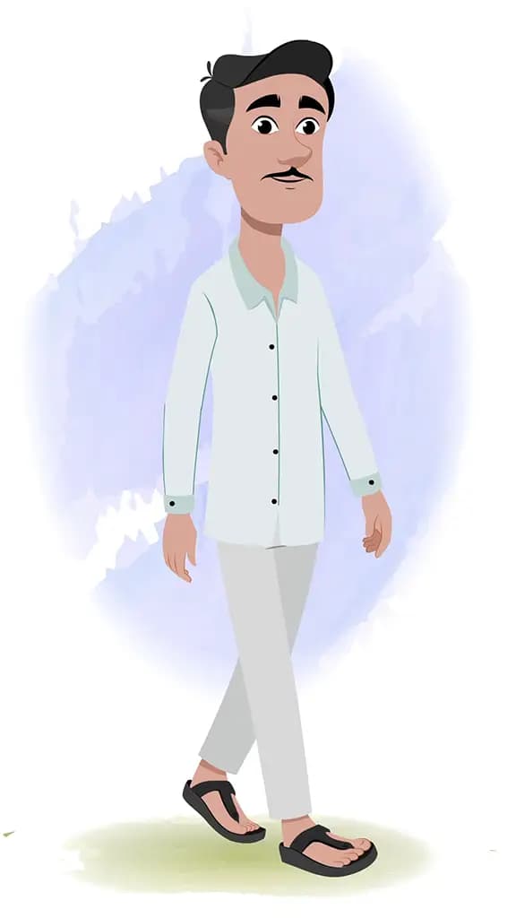 An Indian man 3/4 front view/three quarter view walking animated cartoon character aka ram chandra 3/4