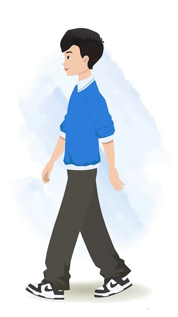 A Korean young boy walking side view animated cartoon character AKA michael