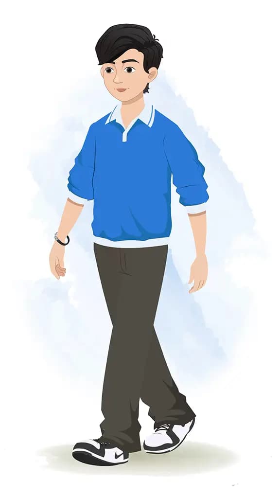 A Korean young boy 3/4 front view/three quarter view walking animated cartoon character AKA Michael 3/4