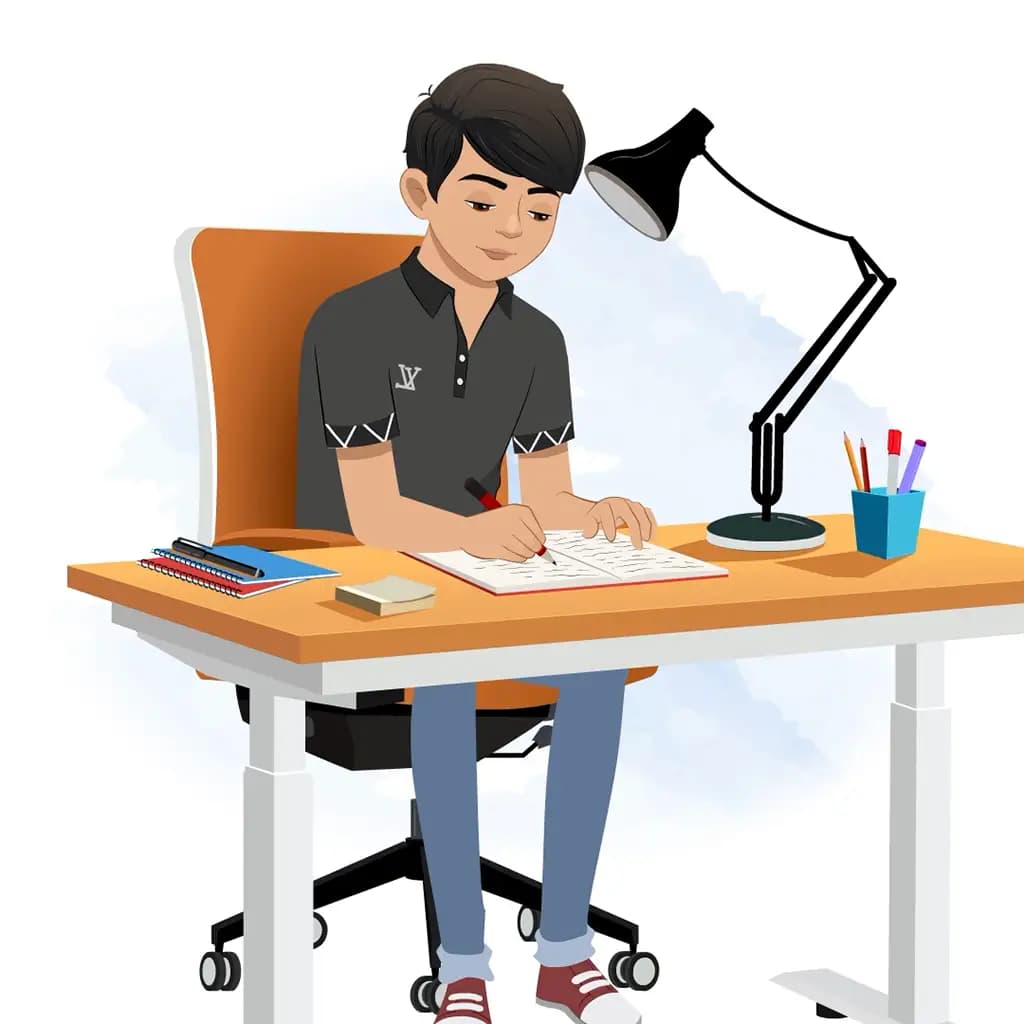 An Indian teenage boy doing homework and sitting on the table animated cartoon character AKA mannu