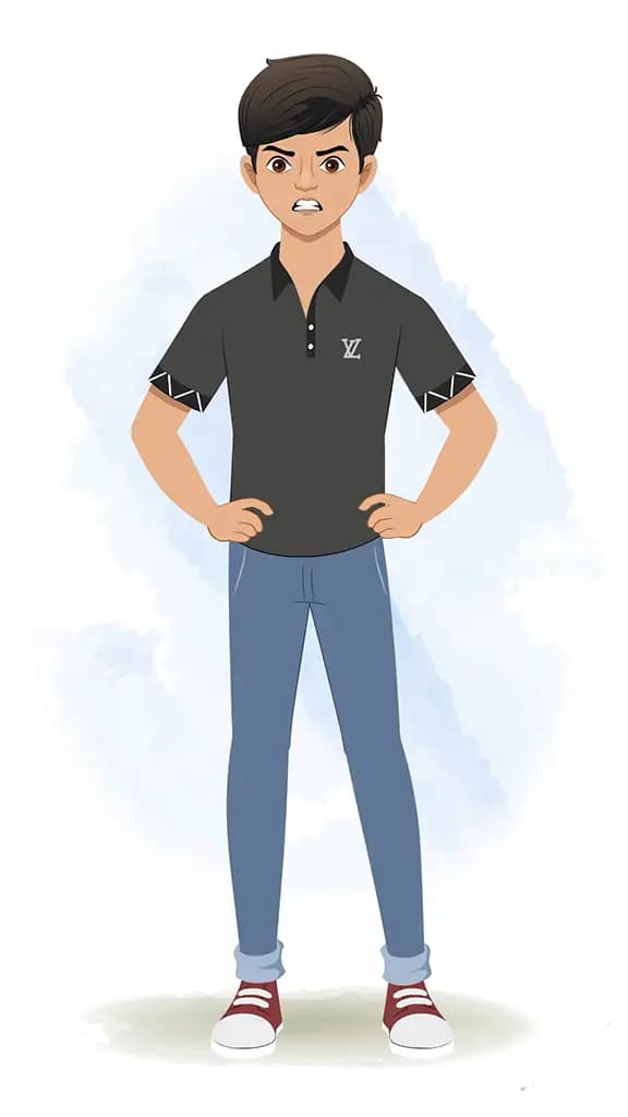 An angry Indian teenage boy animated cartoon character AKA mannu