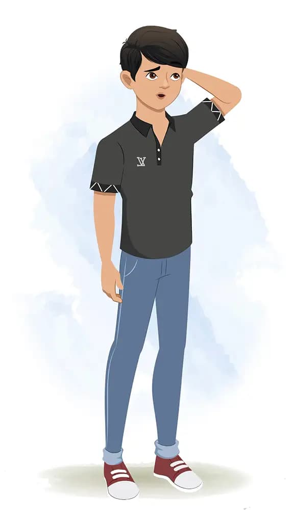 A confused Indian teenage boy animated cartoon character AKA mannu 3/4