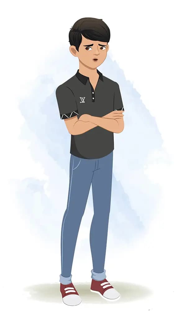 An annoyed Indian teenage boy animated cartoon character AKA mannu 3/4