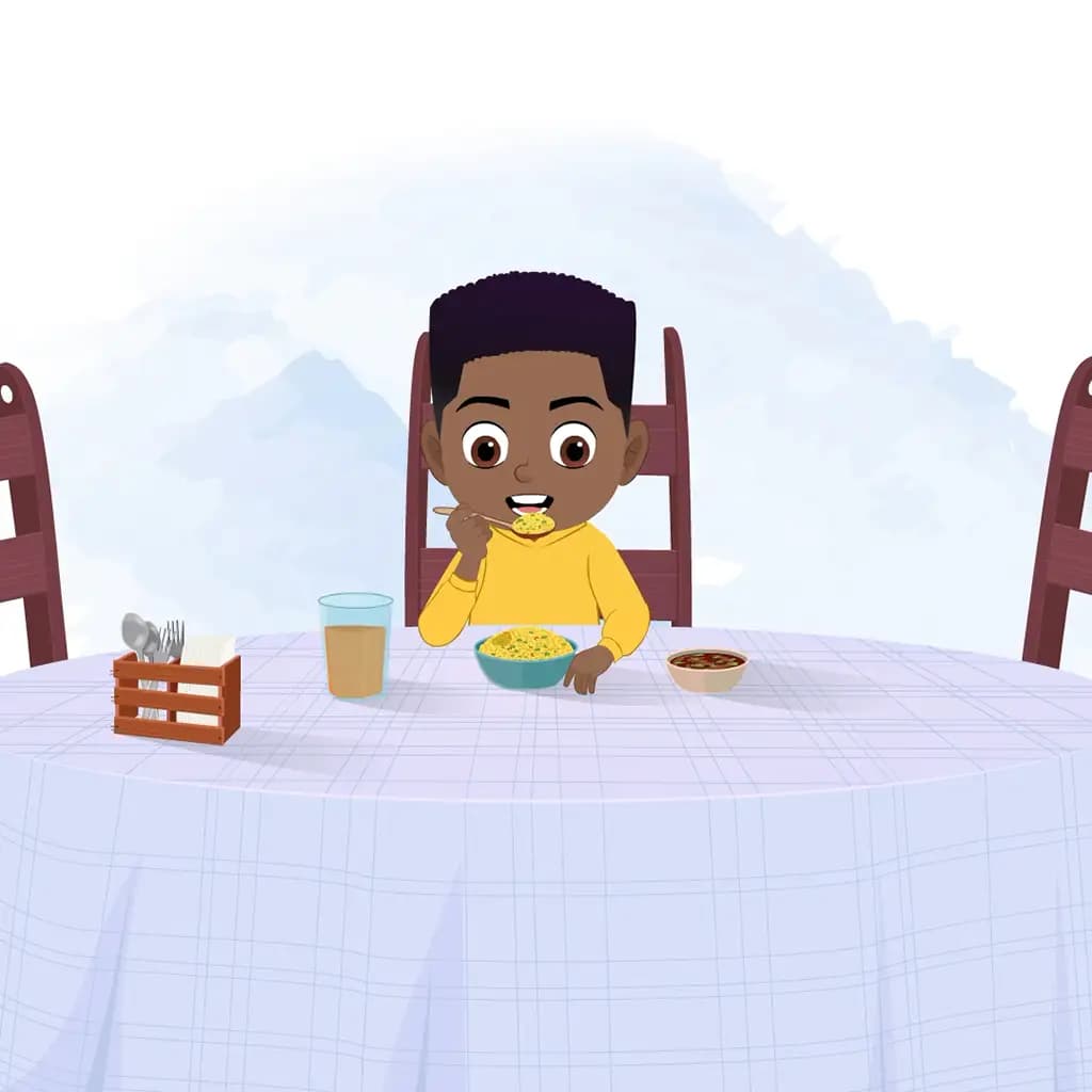 A cute boy animated cartoon character eating breakfast aka uzi