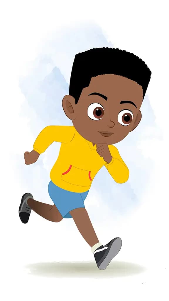 A black boy running three quarter view animated cartoon character aka uzi