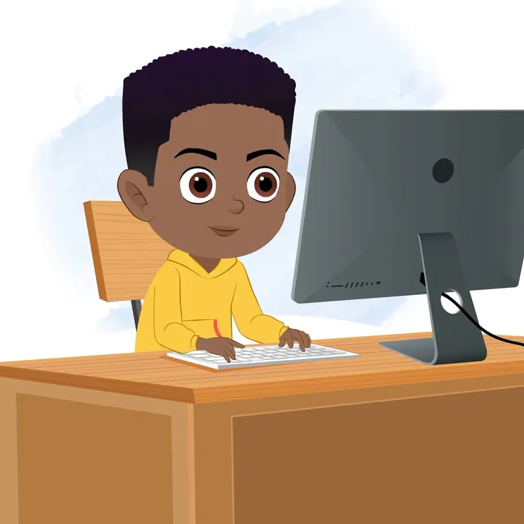 A black boy animated cartoon character working on a computer aka uzi