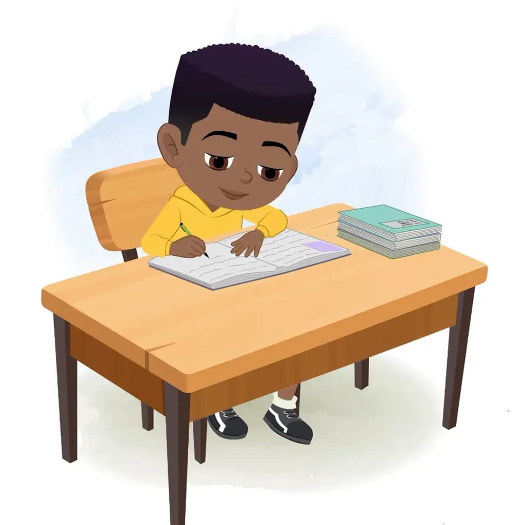 A black boy doing homework and sitting on the table animated cartoon character aka uzi
